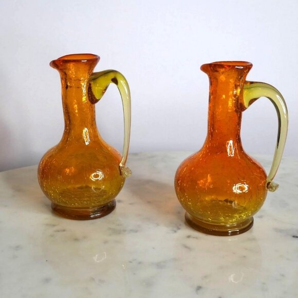 Vintage Mid-Century Amberina Crackle Small Glass Pitchers Set Of 2 - 5.75" - Picture 1 of 10